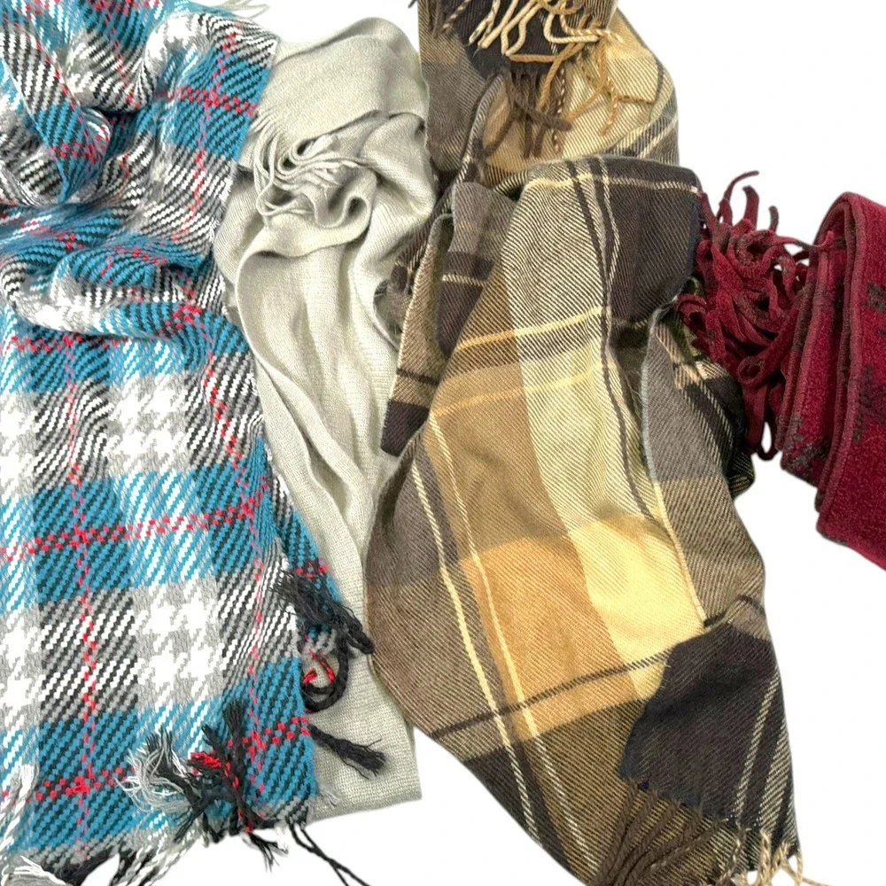 Lot of 4 Multicolor Scarf Bundle Plaid Snowflake Fringe Academic Winter Cozy